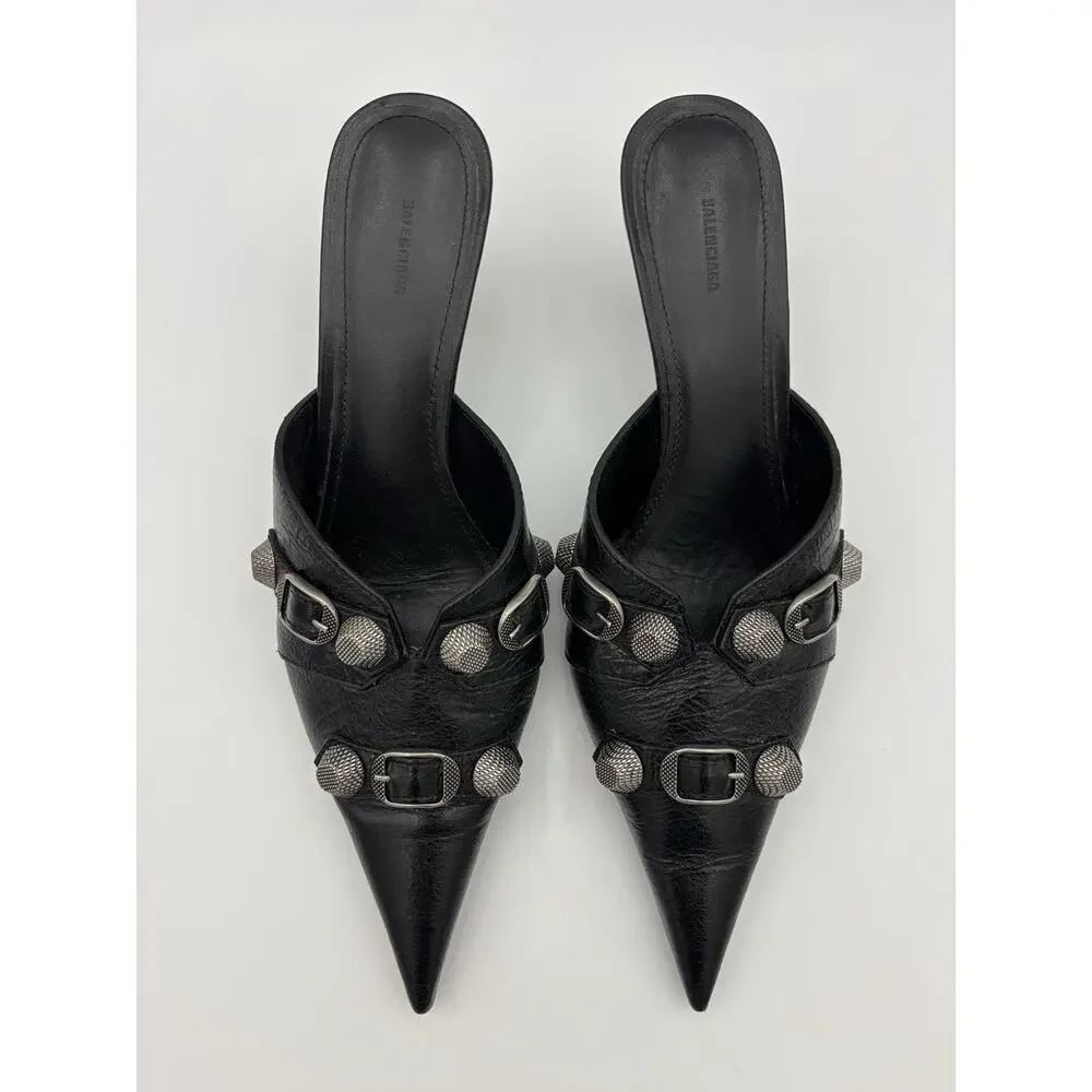 Balenciaga Point Toe Mules Black Leather Studded Size 39 / 9 Kitten Heel